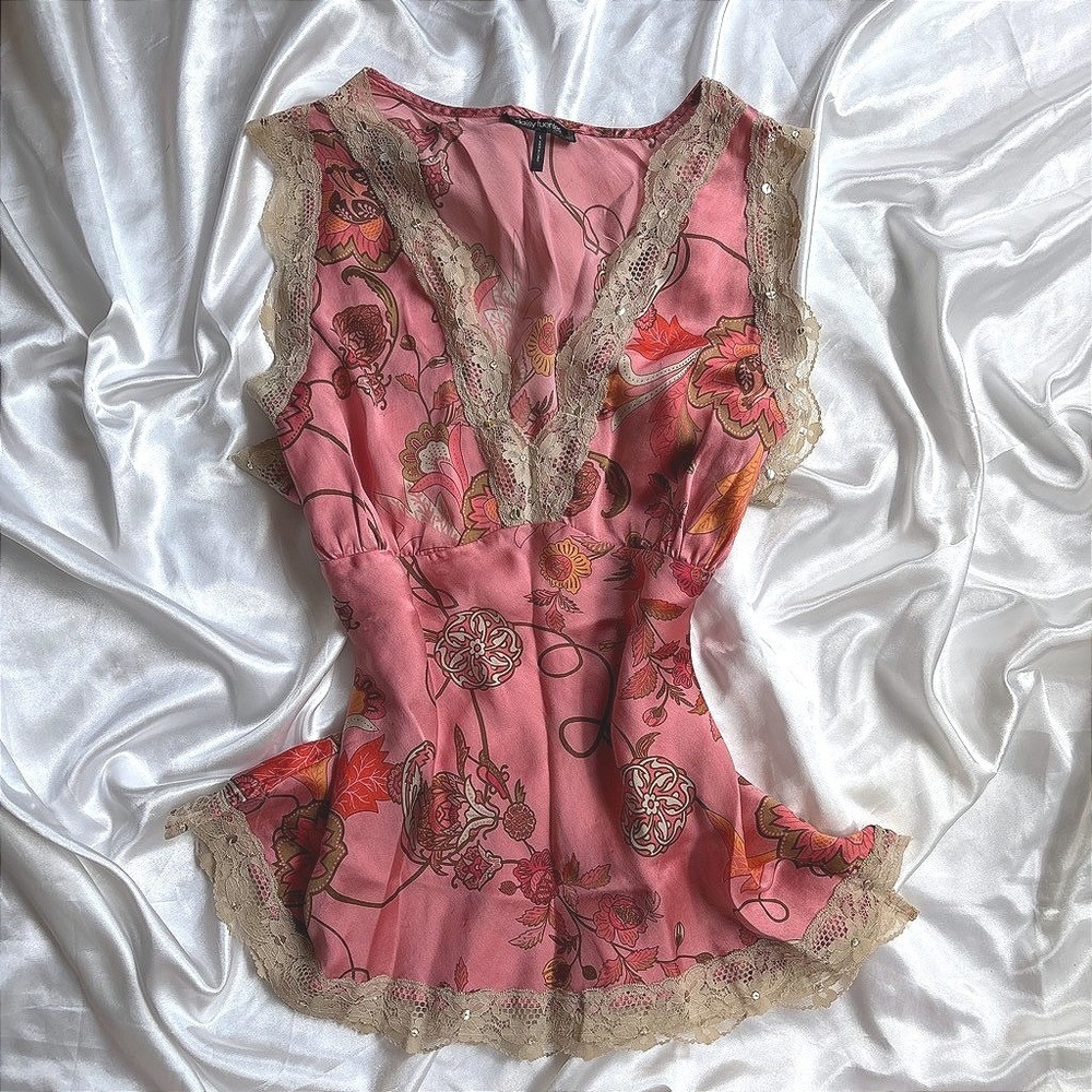y2k Daisy Fuentes Silk Tank Top Pink Lace Sequin Floral Camisole L